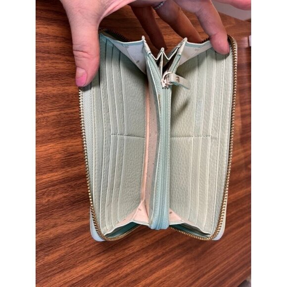 Kate Spade Wallet OS Green Leather Black Bow Zip Around Metallic Preppy Retro 80 - Picture 3 of 15